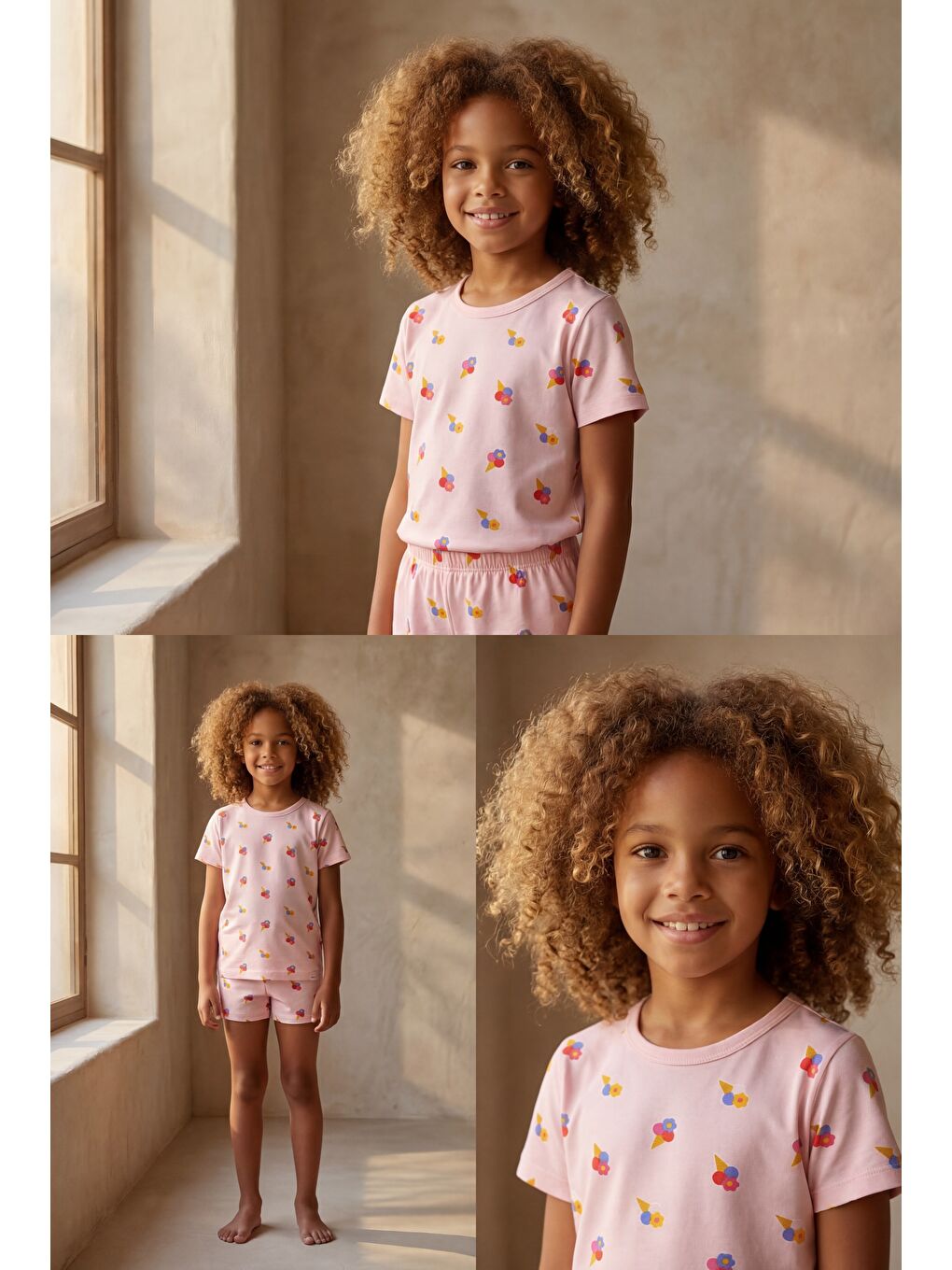 Pembe Kız Çocuk Floral Outburst Dondurma Desenli Paketli Şortlu Pijama Takımı-2