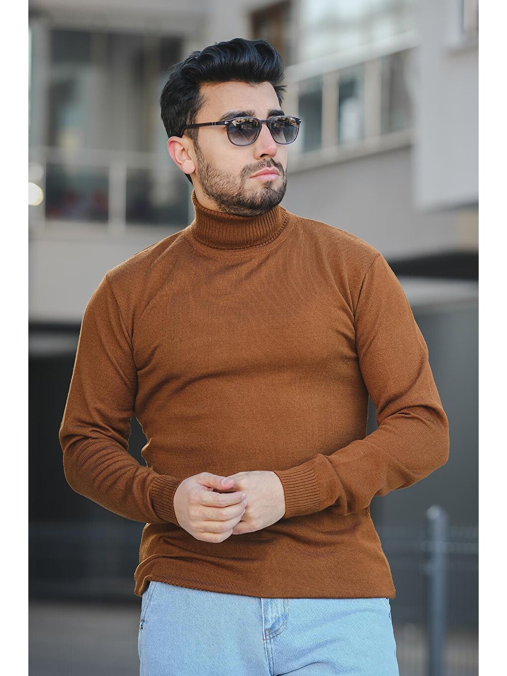 Kahverengi Pamuk Slim Fit Erkek Tam Balıkçı Boğazlı Kazak-2