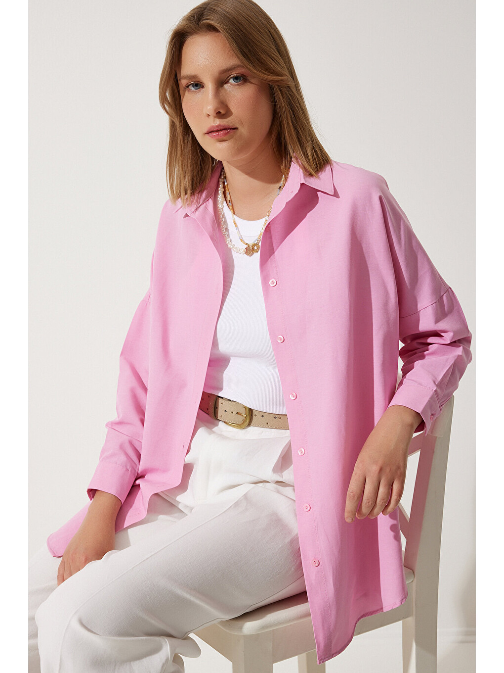 Pembe Oversize Basic Gömlek PEMBE LDD0003-2
