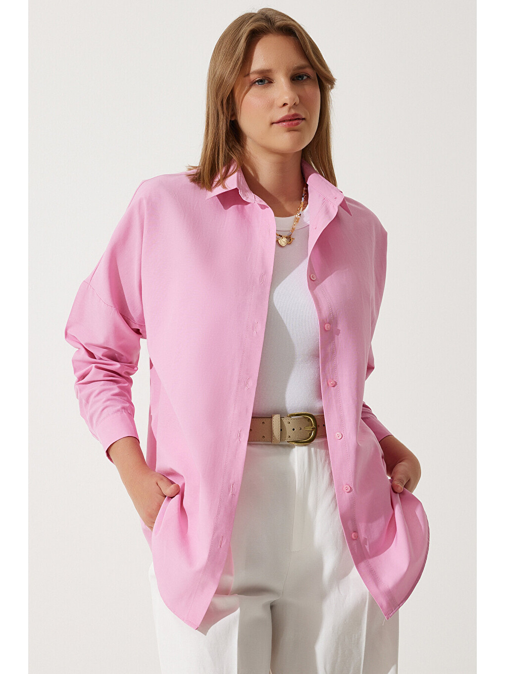 Pembe Oversize Basic Gömlek PEMBE LDD0003-3