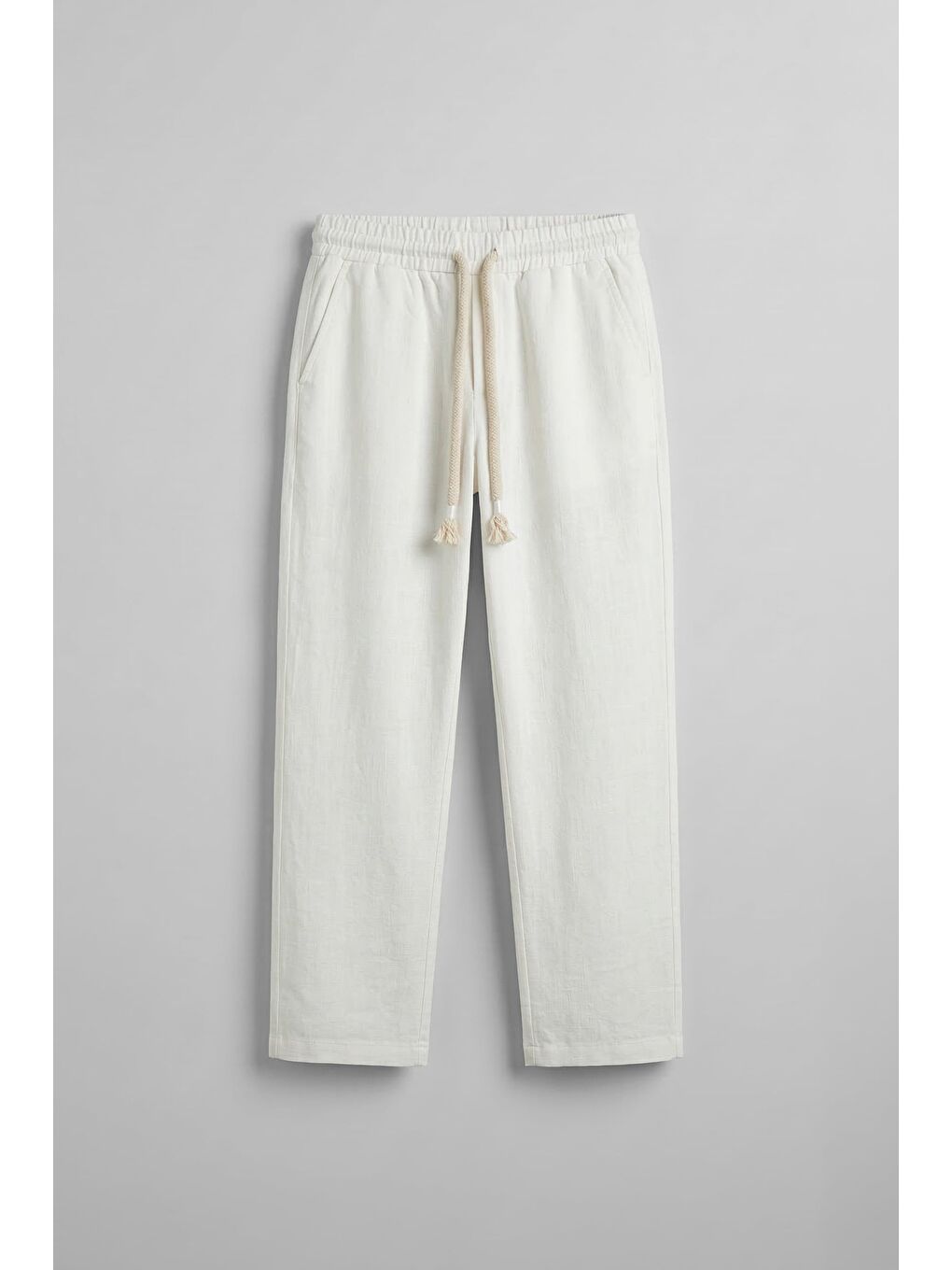 Erkek Baggy Fit Halat Kordonlu Keten Görünümlü Pantolon Ekru