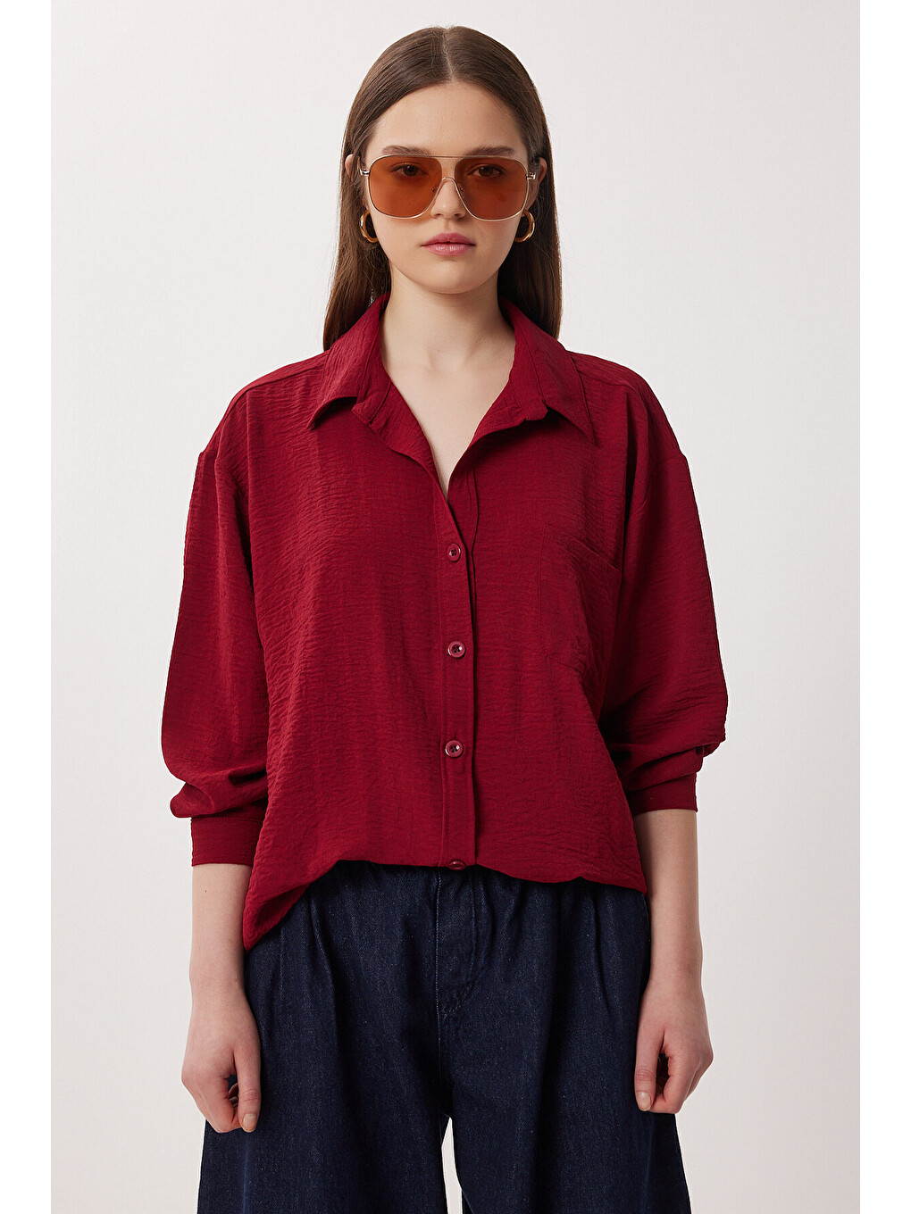 Bordo Oversize Cepli Dokuma Gömlek BORDO LDZ0063-1