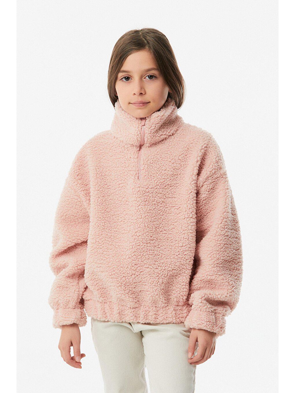 Pembe Yarım Fermuarlı Kız Çocuk Peluş Sweatshirt