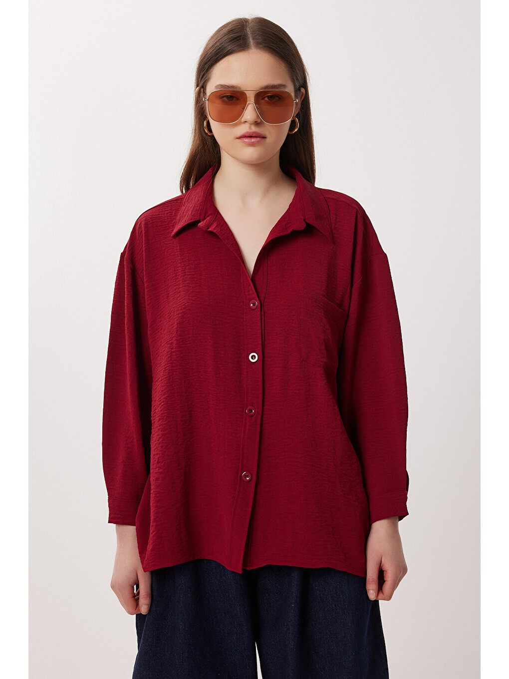 Bordo Oversize Cepli Dokuma Gömlek BORDO LDZ0063-2