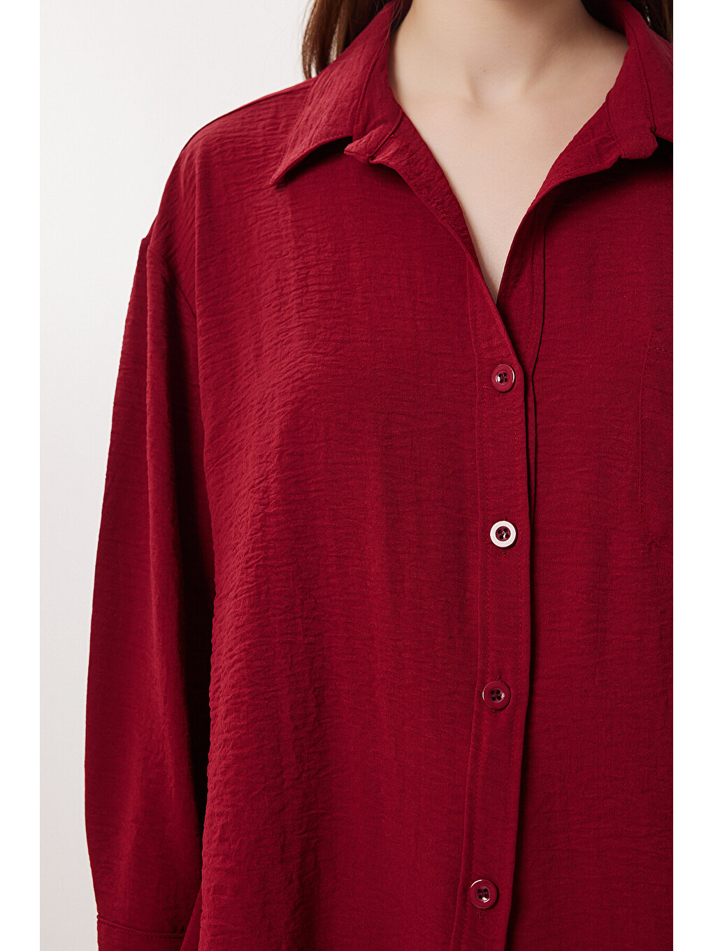 Bordo Oversize Cepli Dokuma Gömlek BORDO LDZ0063-3