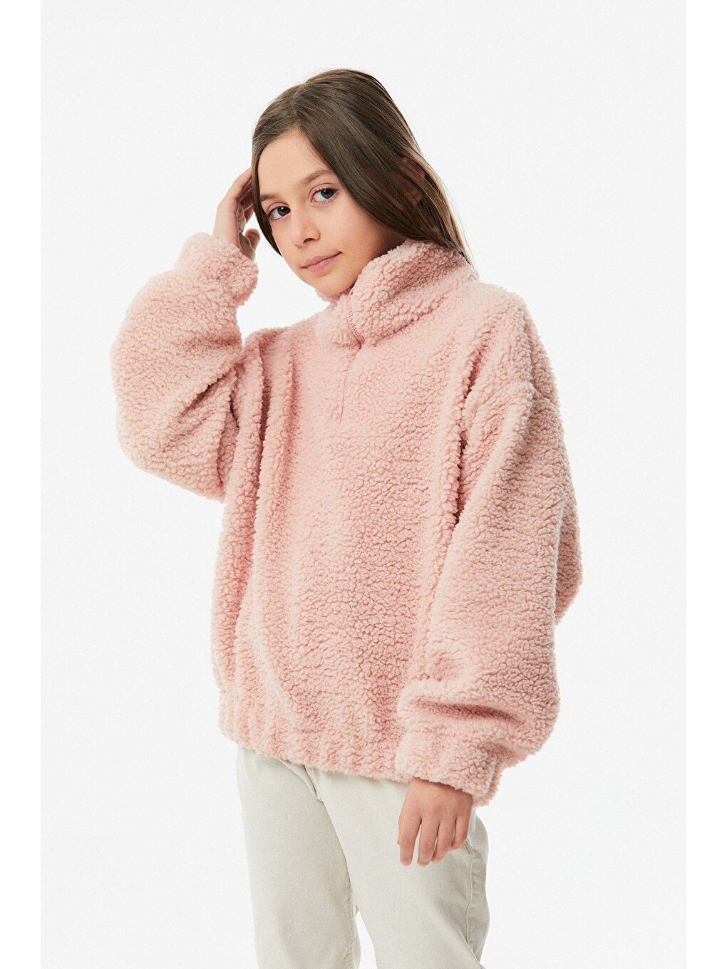 Pembe Yarım Fermuarlı Kız Çocuk Peluş Sweatshirt-1