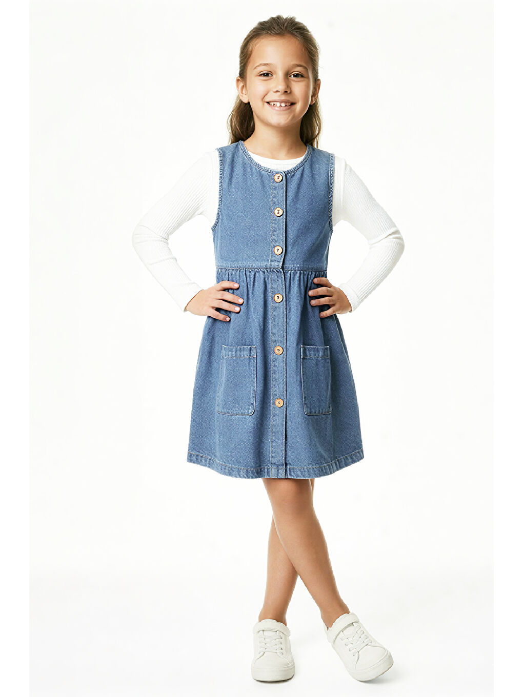 Mavi Kız Çocuk 2'li Jean Elbise (Çift Cepli Jean Elbise+Bluz)12533-1