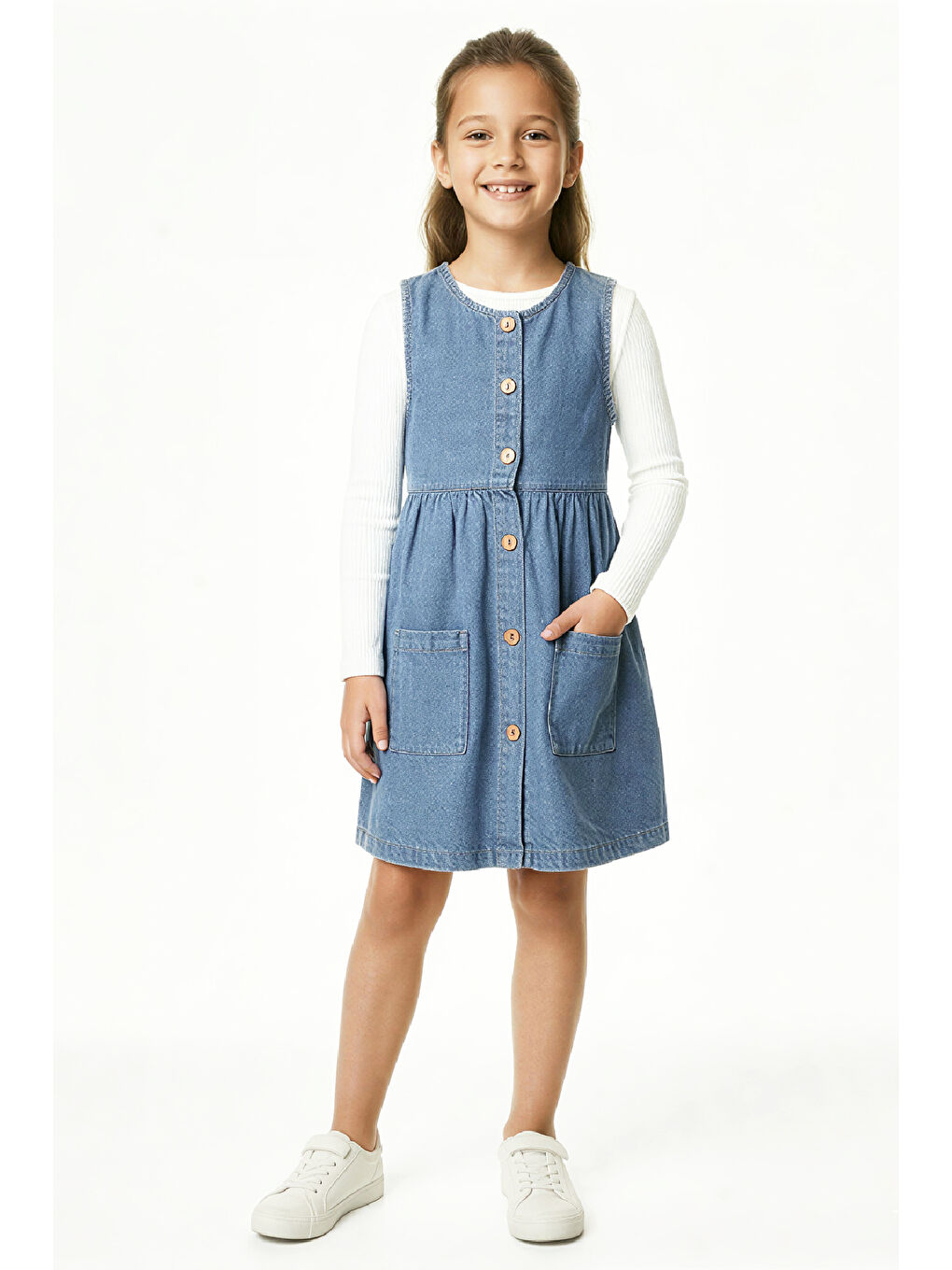 Mavi Kız Çocuk 2'li Jean Elbise (Çift Cepli Jean Elbise+Bluz)12533-2