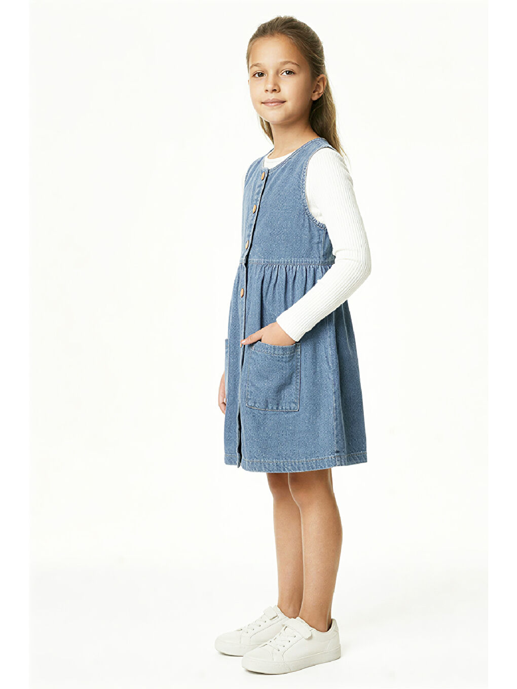 Mavi Kız Çocuk 2'li Jean Elbise (Çift Cepli Jean Elbise+Bluz)12533-3