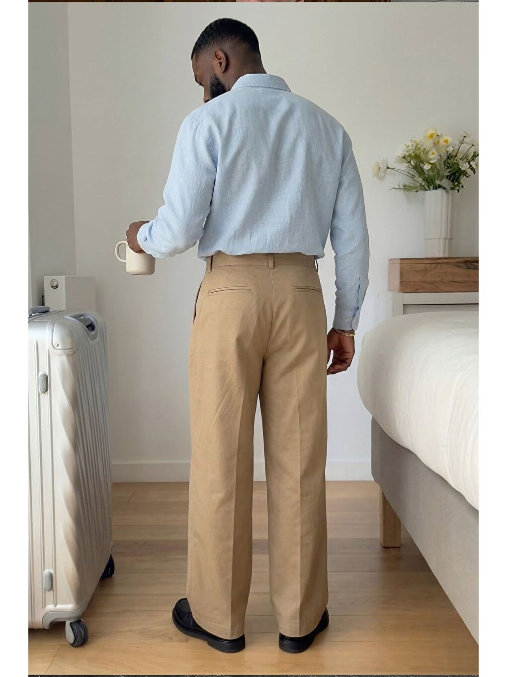 Erkek Baggy Fit Asimetrik Pileli Lyocell Pantolon Bej-3