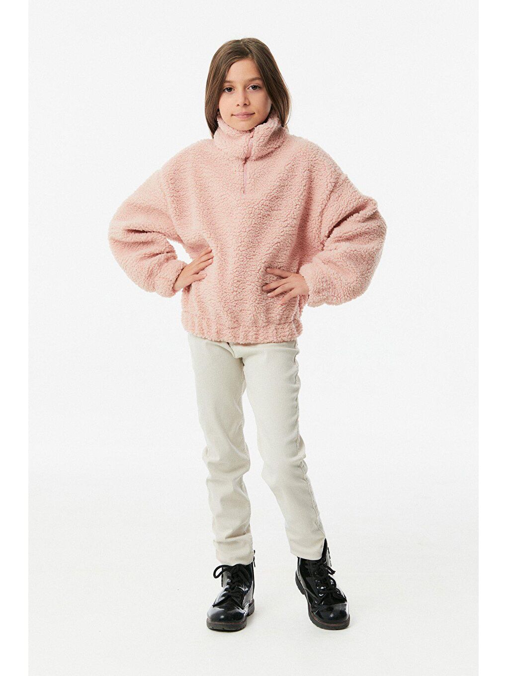 Pembe Yarım Fermuarlı Kız Çocuk Peluş Sweatshirt-2