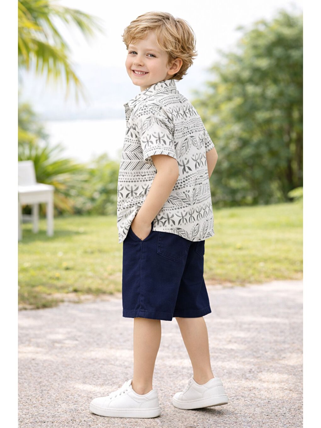 Haki Tarz Gömlek Yaprak Desenli Belden Ayarlanabilir Kısa Kollu Şortlu 3'lü Takım Çocuk ve Bebek Giy-2