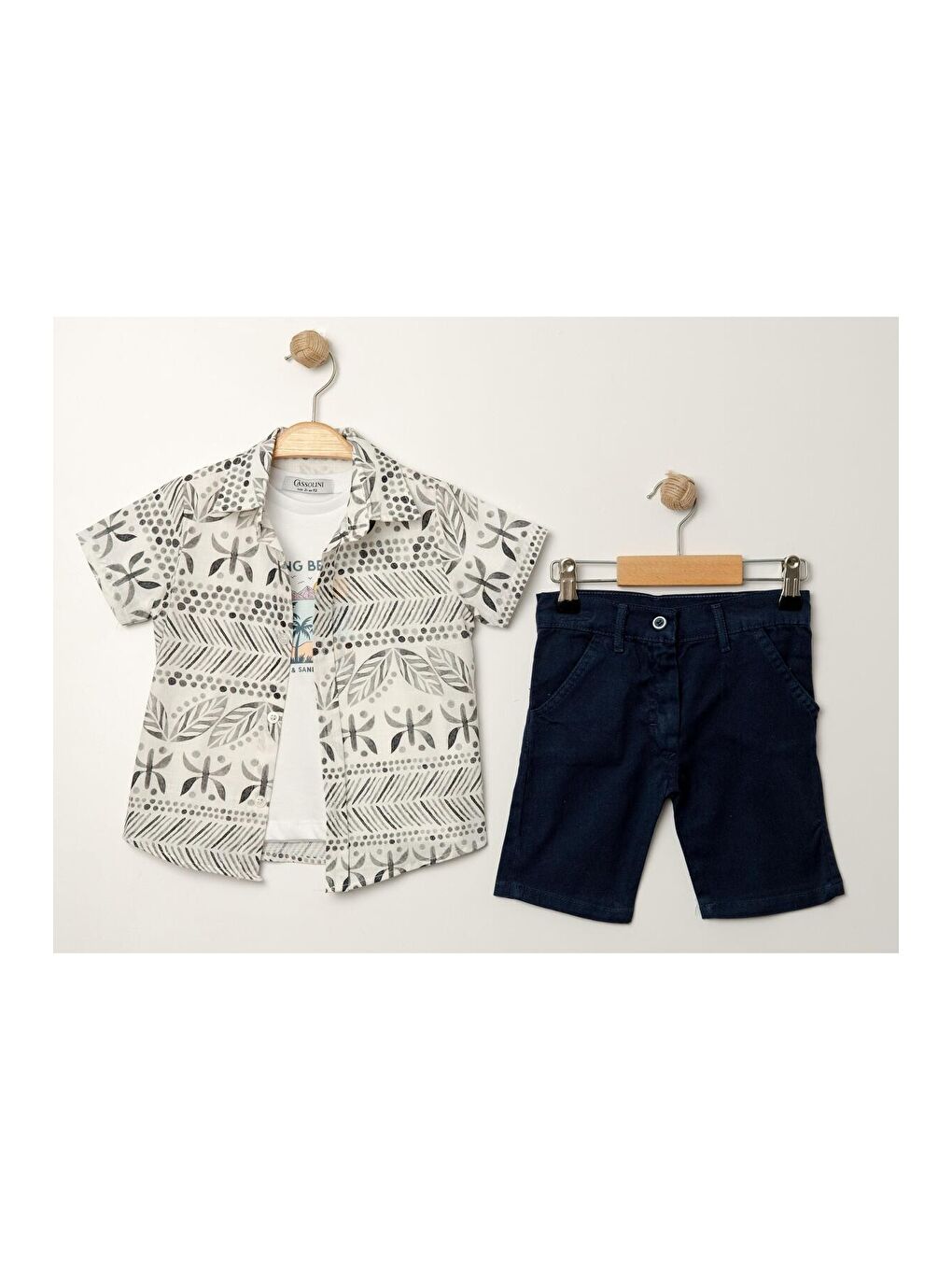 Haki Tarz Gömlek Yaprak Desenli Belden Ayarlanabilir Kısa Kollu Şortlu 3'lü Takım Çocuk ve Bebek Giy-3