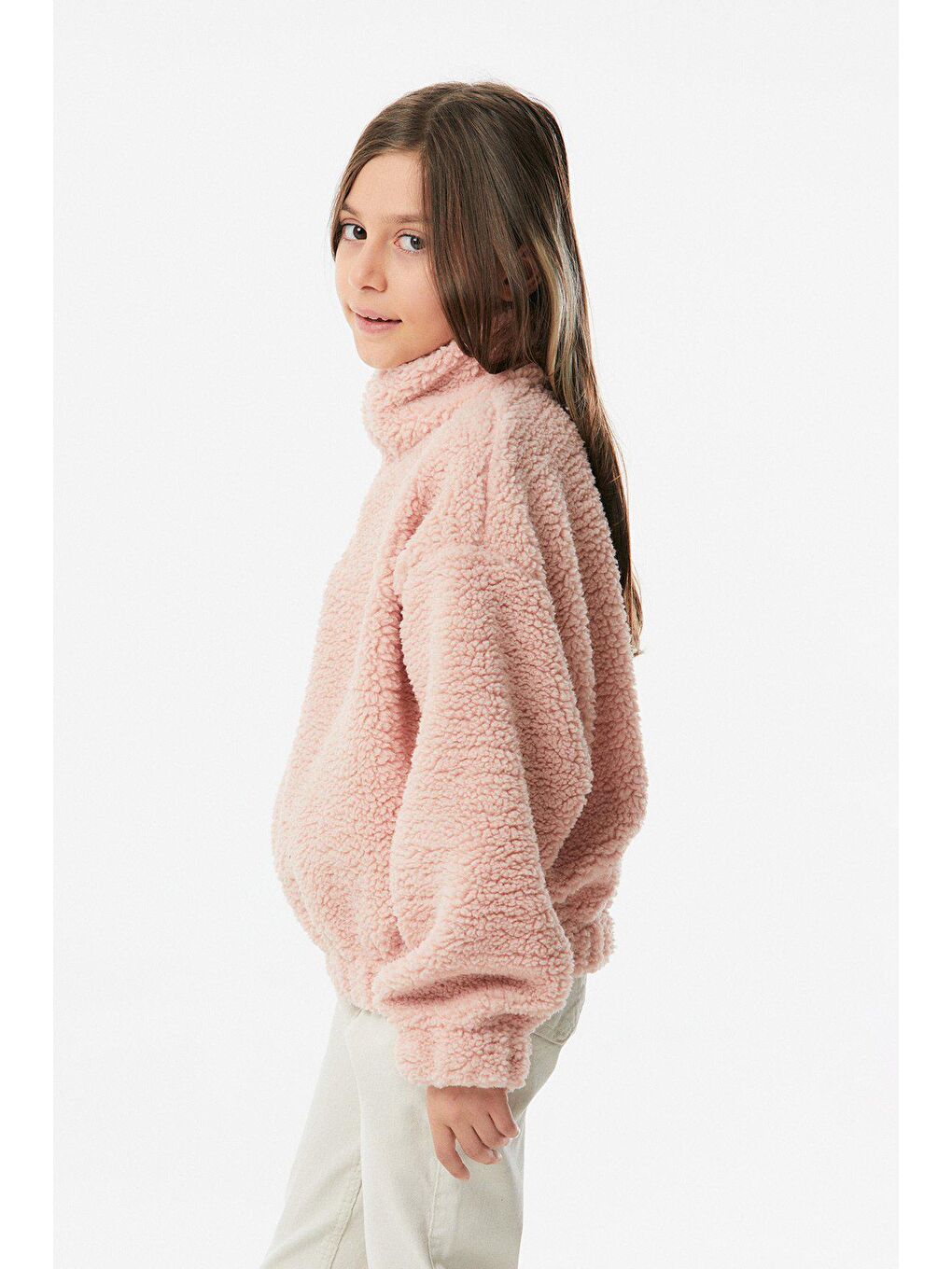Pembe Yarım Fermuarlı Kız Çocuk Peluş Sweatshirt-3