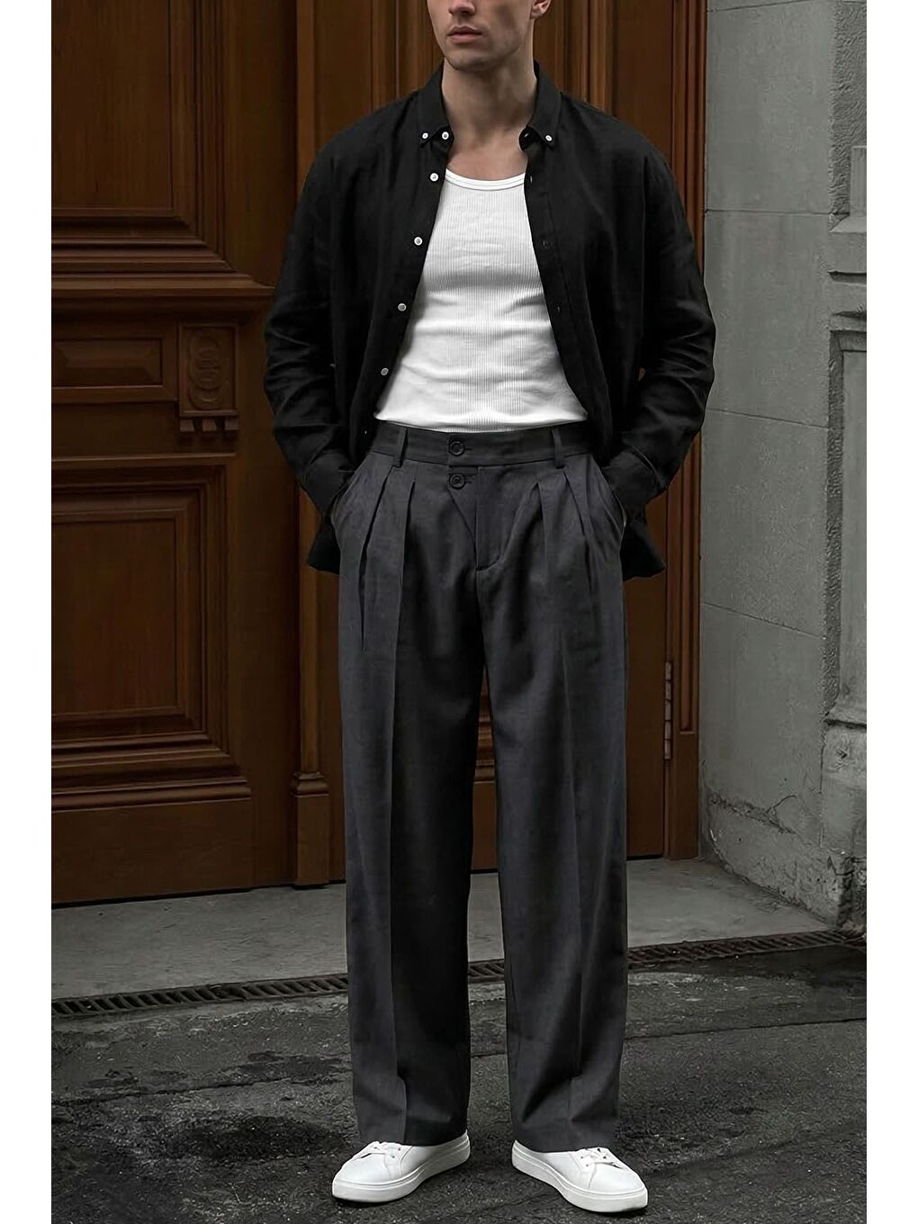 Gri Erkek Baggy Fit Asimetrik Pileli Lyocell Pantolon Füme-2