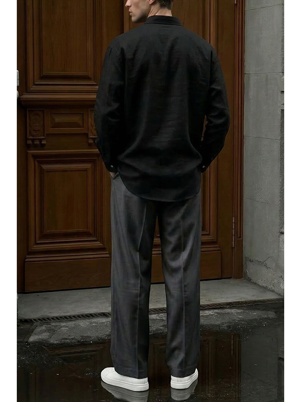 Gri Erkek Baggy Fit Asimetrik Pileli Lyocell Pantolon Füme-3