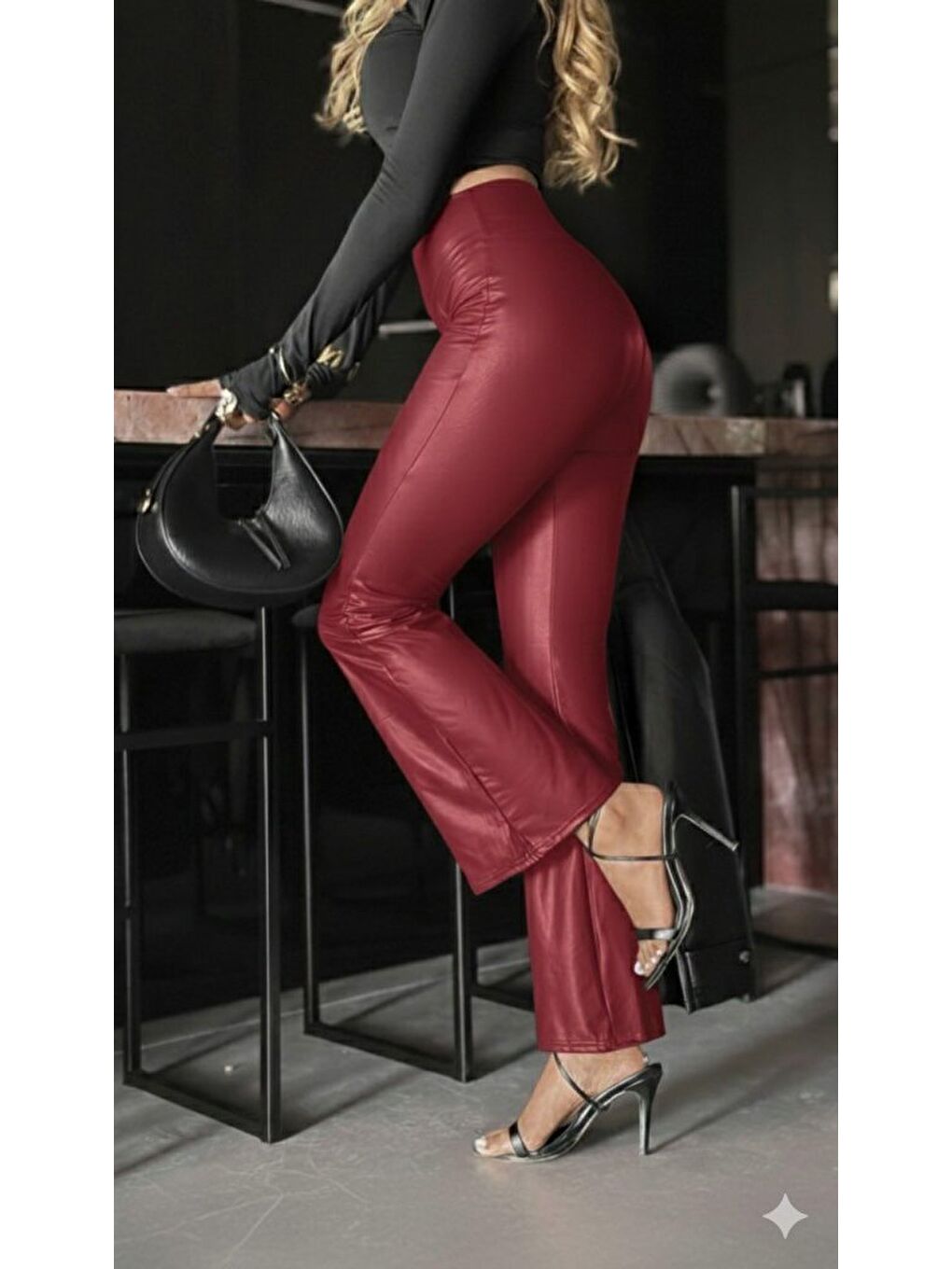 Bordo Kadın Yüksek Bel Paçaya Doğru Geniş Deri Pantolon-1