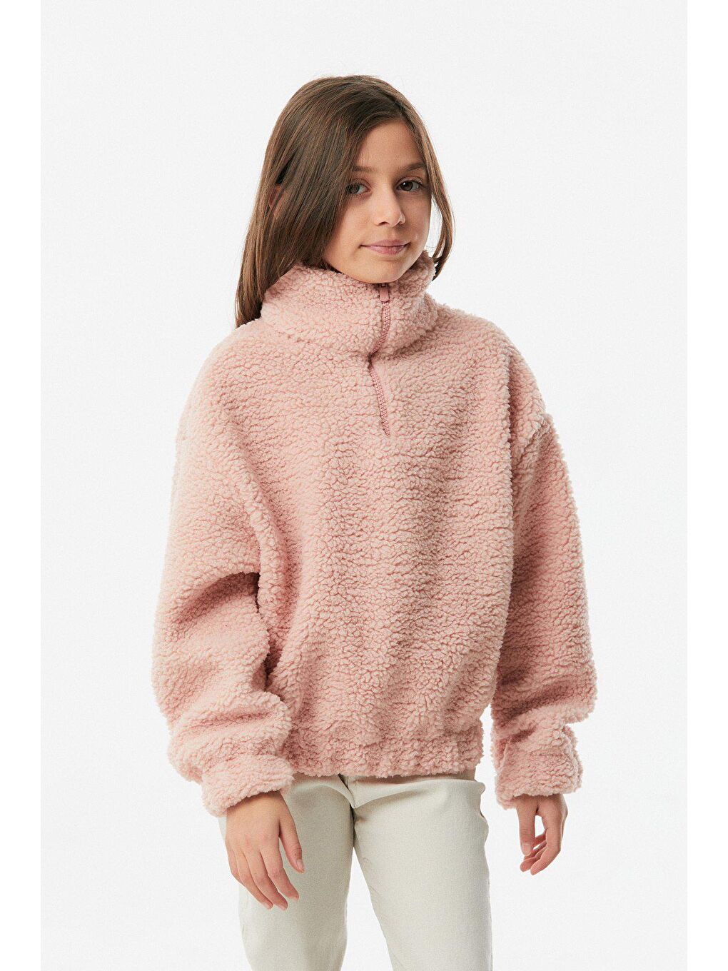 Pembe Yarım Fermuarlı Kız Çocuk Peluş Sweatshirt-4