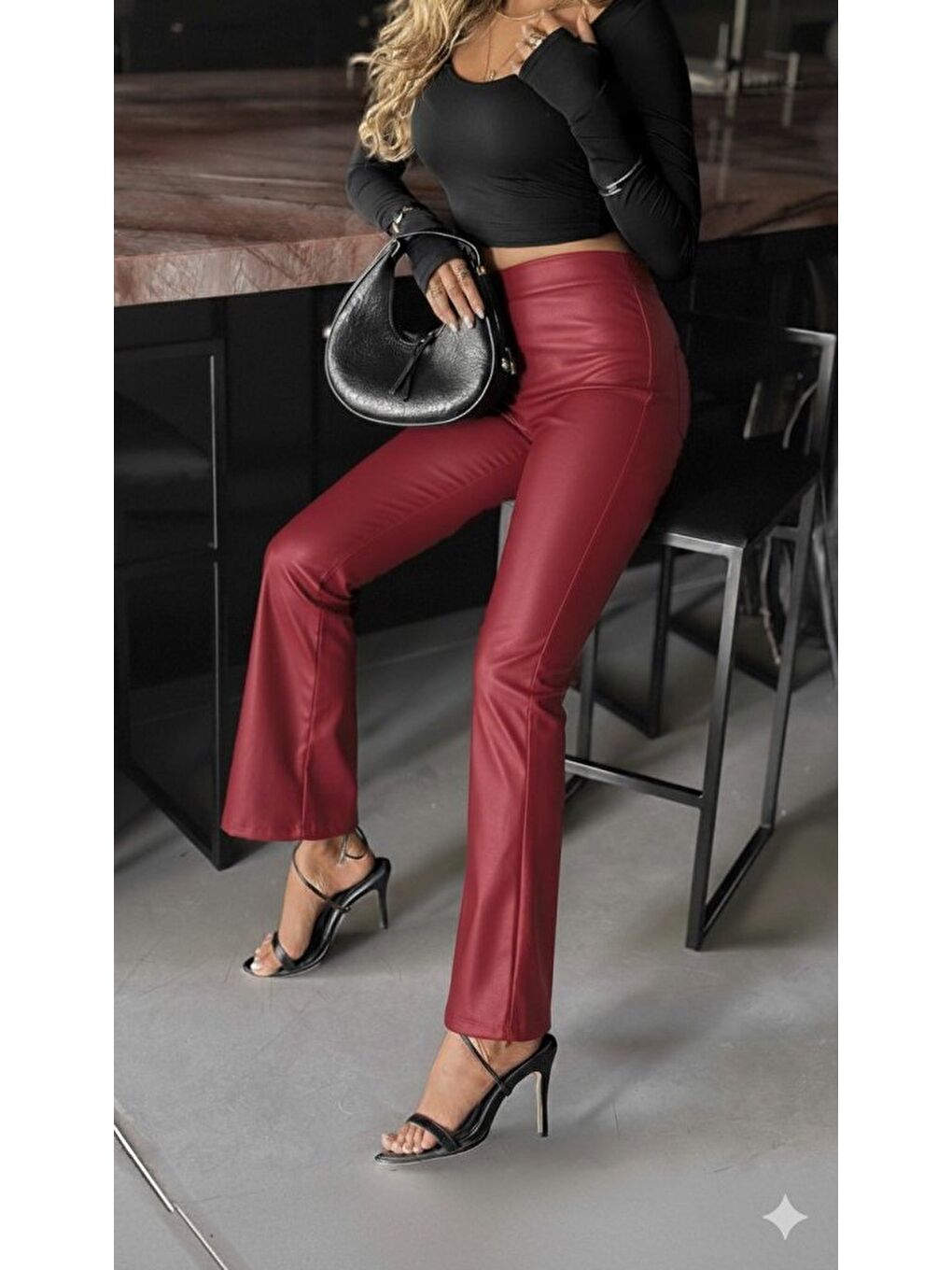 Bordo Kadın Yüksek Bel Paçaya Doğru Geniş Deri Pantolon-2