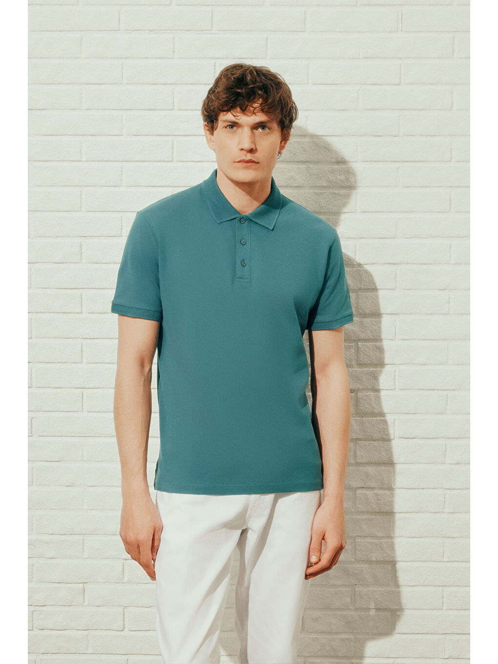 Erkek Petrol Slim Fit Dar Kesim Polo Yaka %100 Pamuk Kısa Kollu Tişört