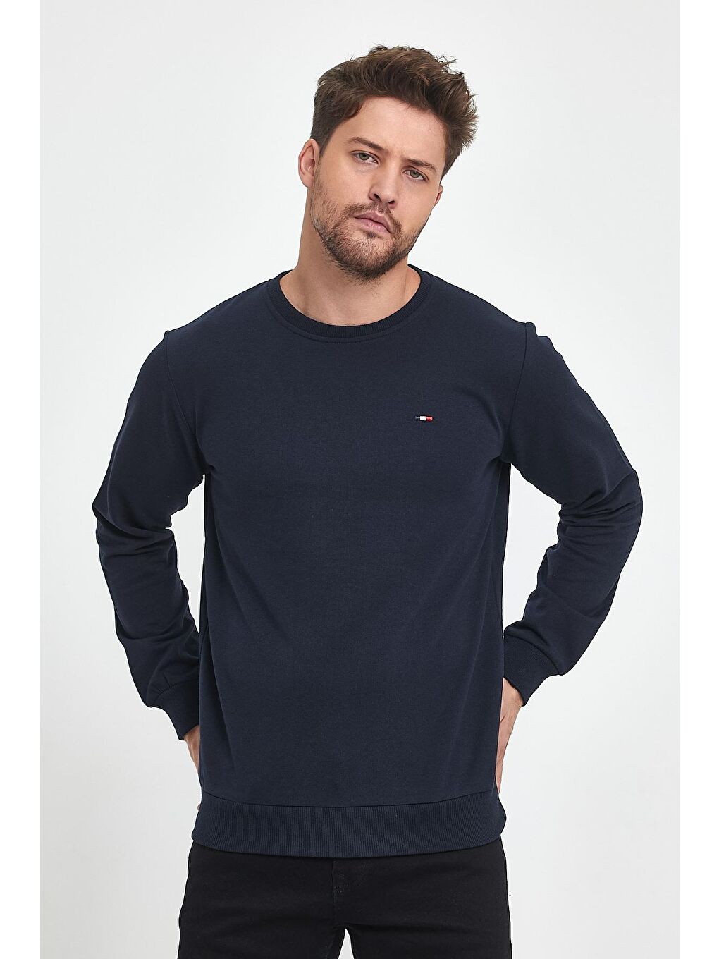 MMETALIC Erkek Lacivert Bisiklet Yaka Nakış Detaylı  Regular Fit Sweatshirt