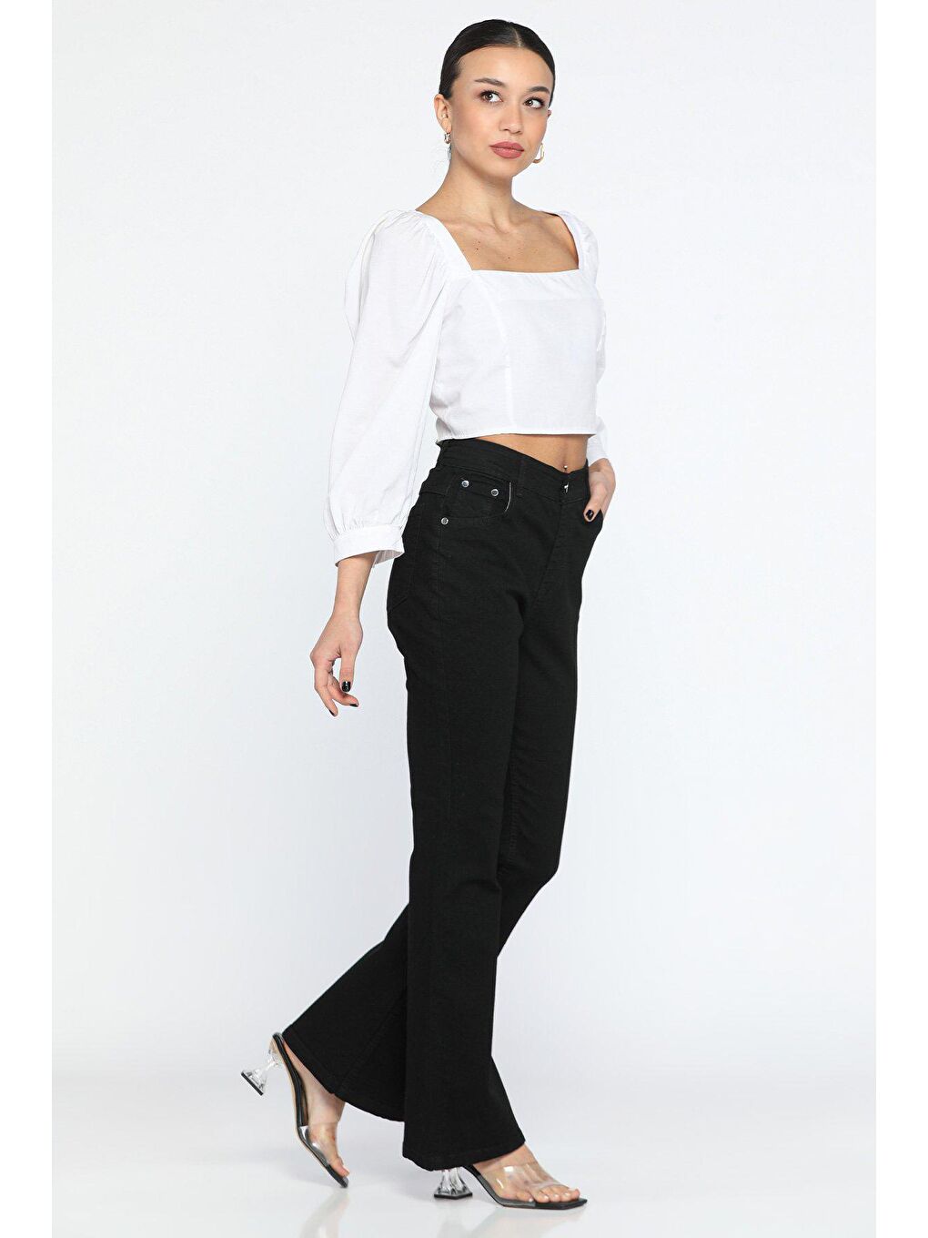 Siyah Yüksek Bel İspanyol Paça Elastanlı Kadın  Jean Pantolon-1