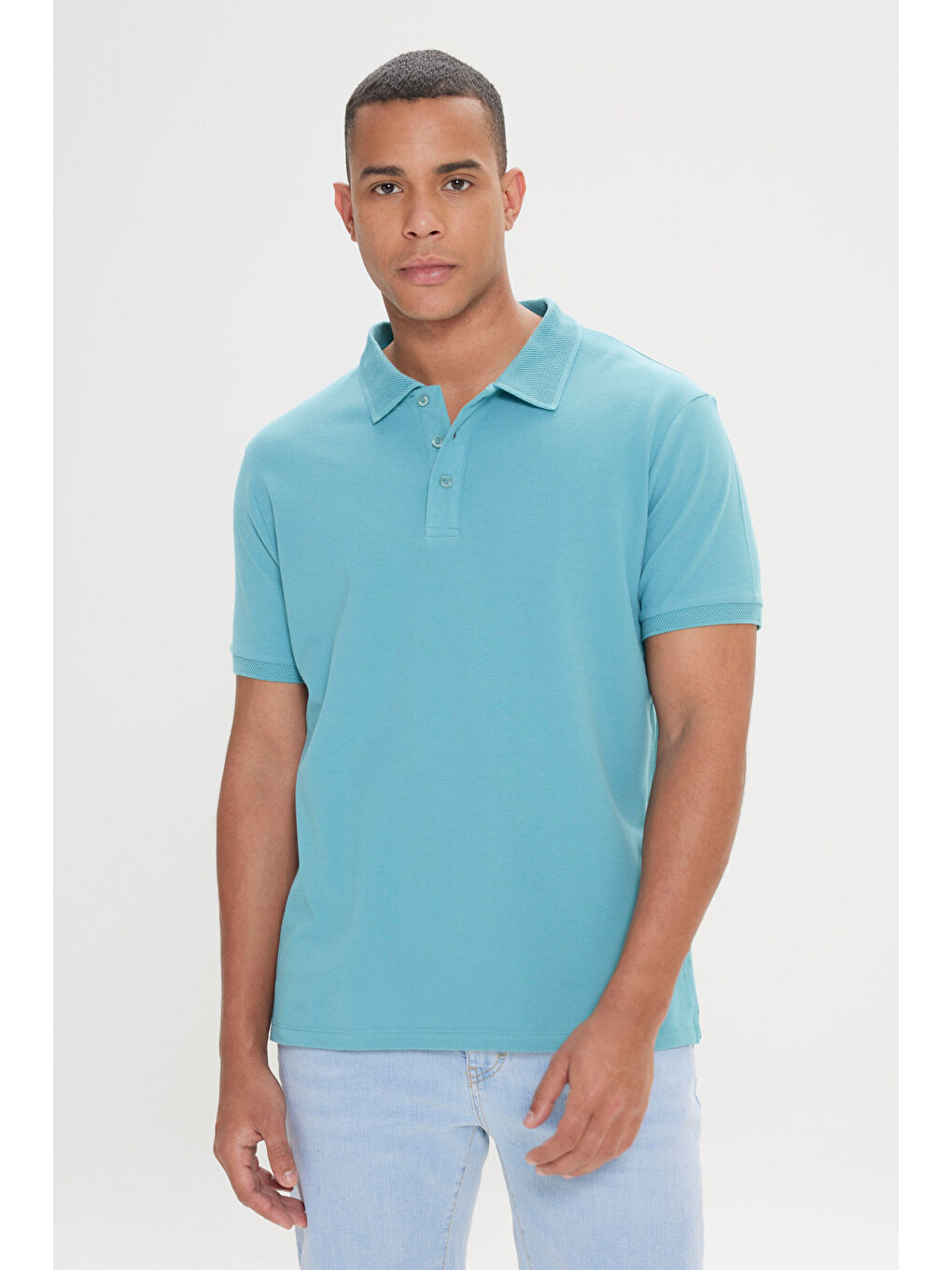 Erkek Petrol Slim Fit Dar Kesim Polo Yaka %100 Pamuk Kısa Kollu Tişört-1