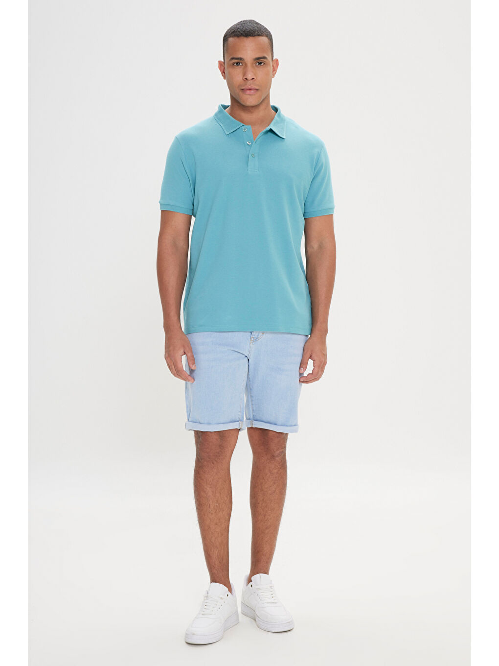 Erkek Petrol Slim Fit Dar Kesim Polo Yaka %100 Pamuk Kısa Kollu Tişört-2