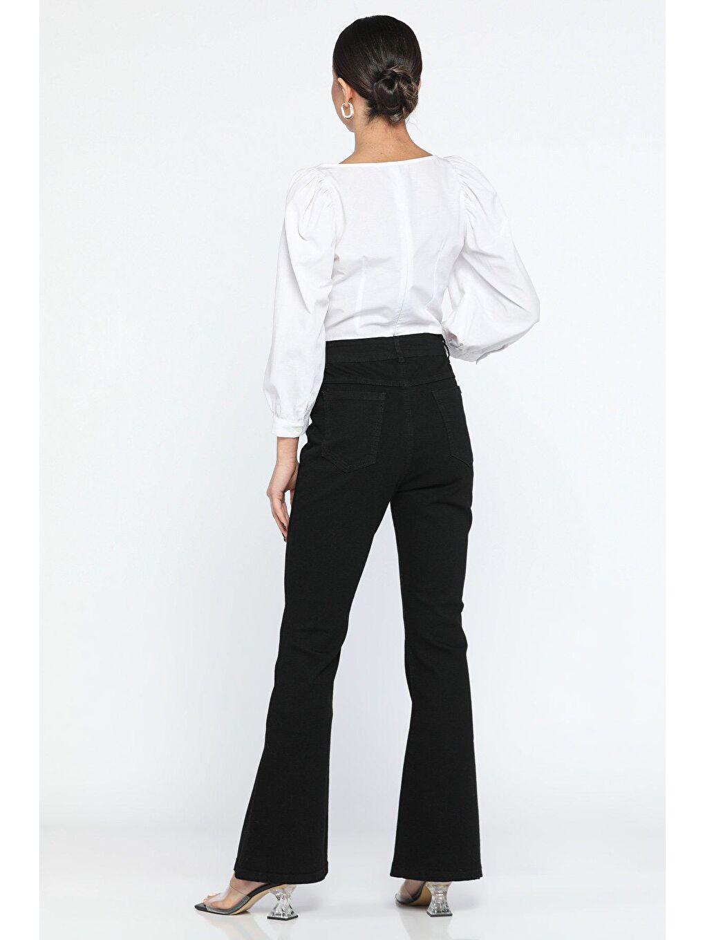 Siyah Yüksek Bel İspanyol Paça Elastanlı Kadın  Jean Pantolon-2