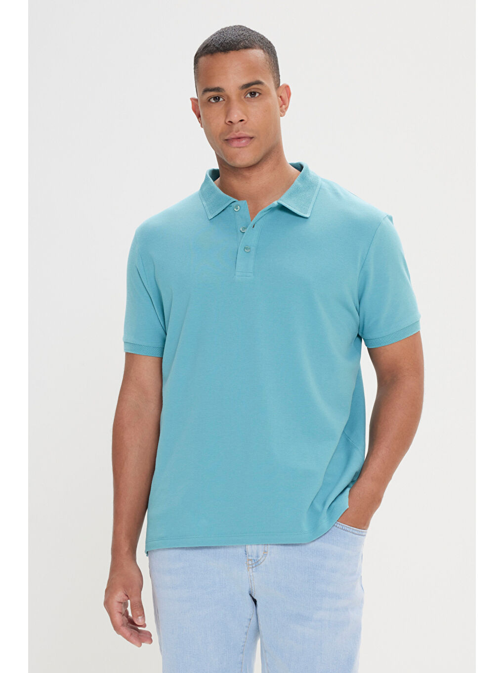 Erkek Petrol Slim Fit Dar Kesim Polo Yaka %100 Pamuk Kısa Kollu Tişört-3