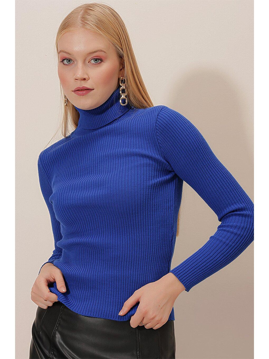 Mavi Balıkçı Yaka Uzun Kol Triko Kazak