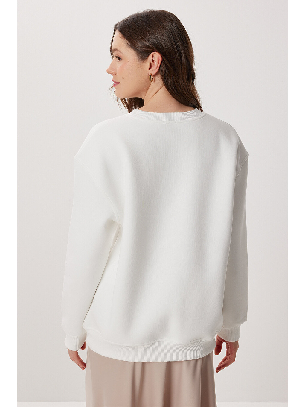 Ekru Leopar Baskılı Oversize Şardonlu Örme Sweatshirt EKRU LMC0078-3