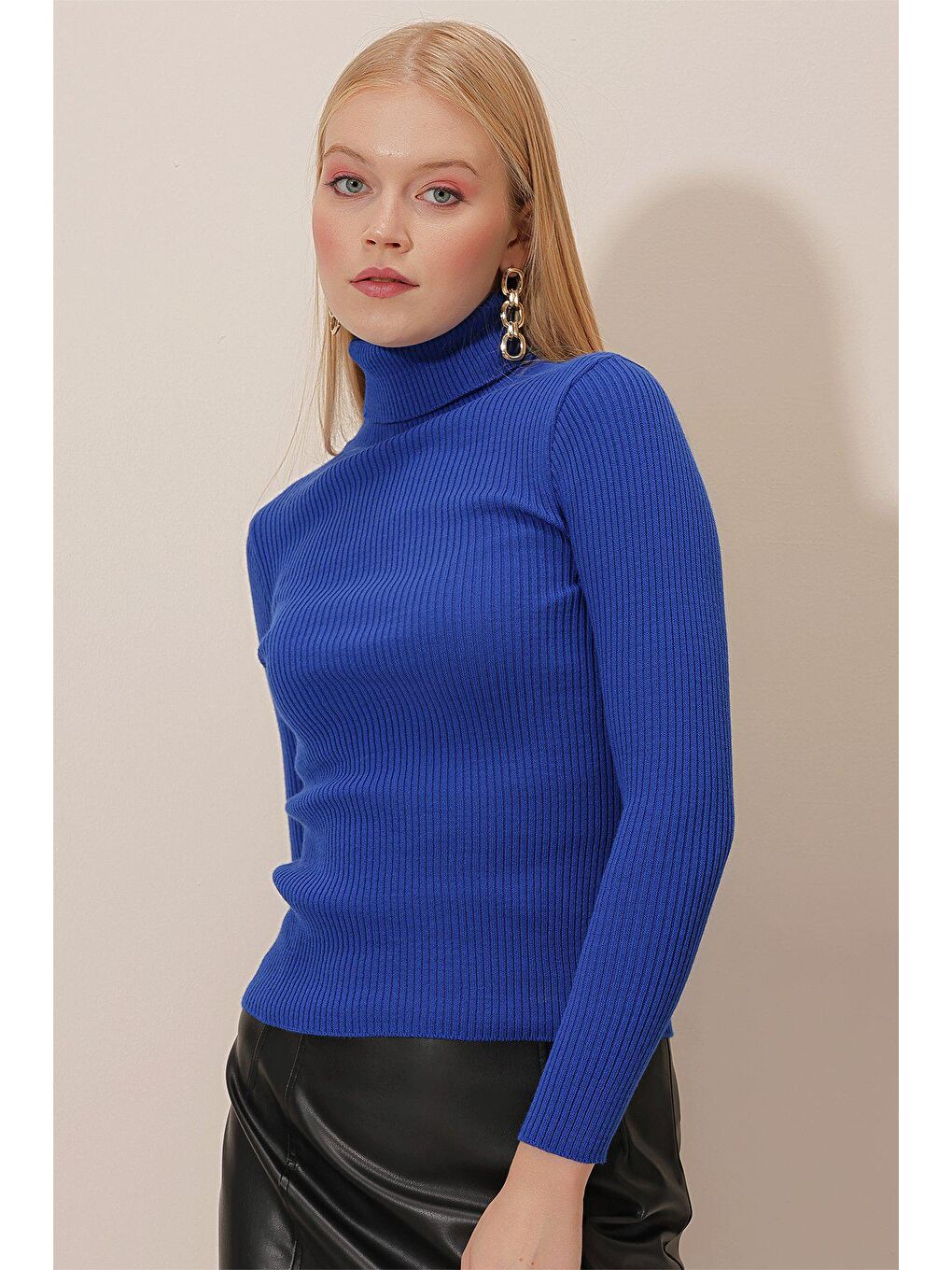 Mavi Balıkçı Yaka Uzun Kol Triko Kazak-1