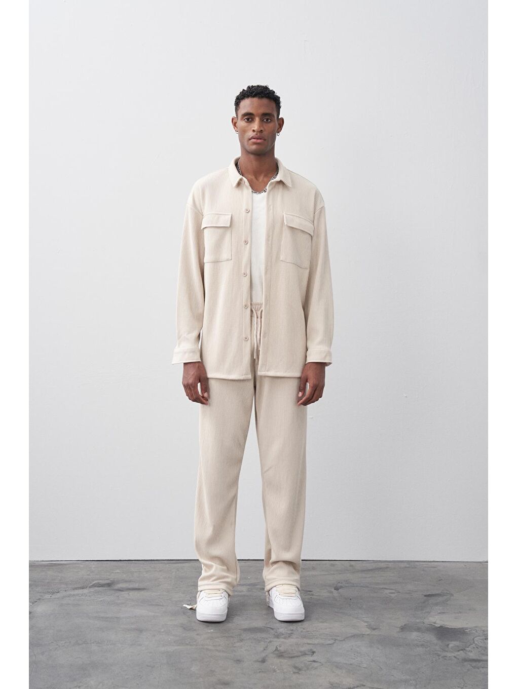 Bej Taş Cep Detaylı Oversize Ottoman Takım