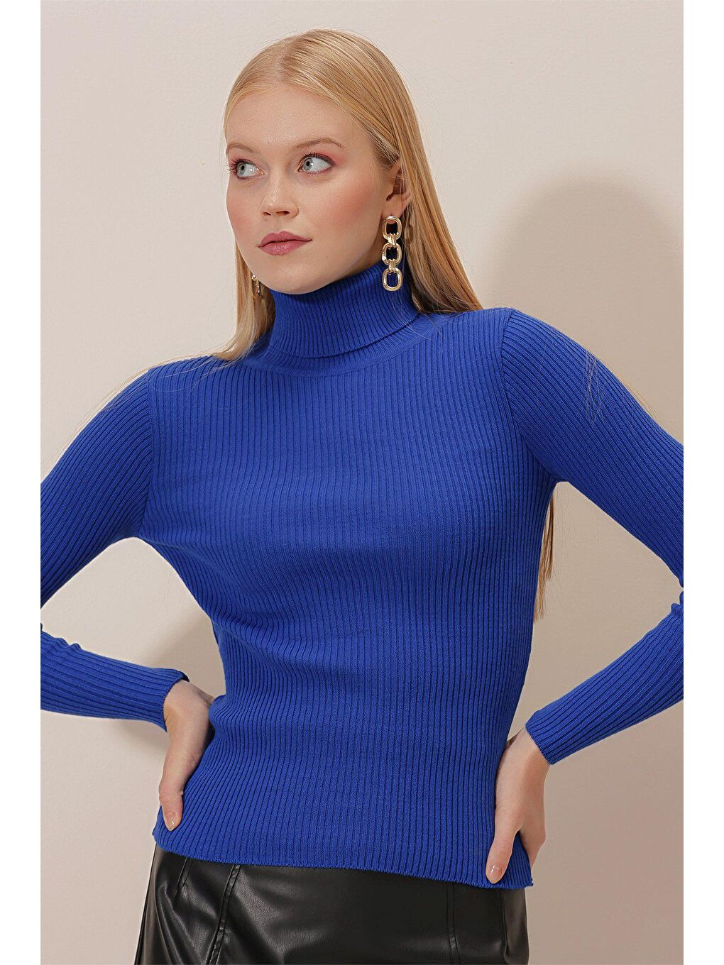 Mavi Balıkçı Yaka Uzun Kol Triko Kazak-2