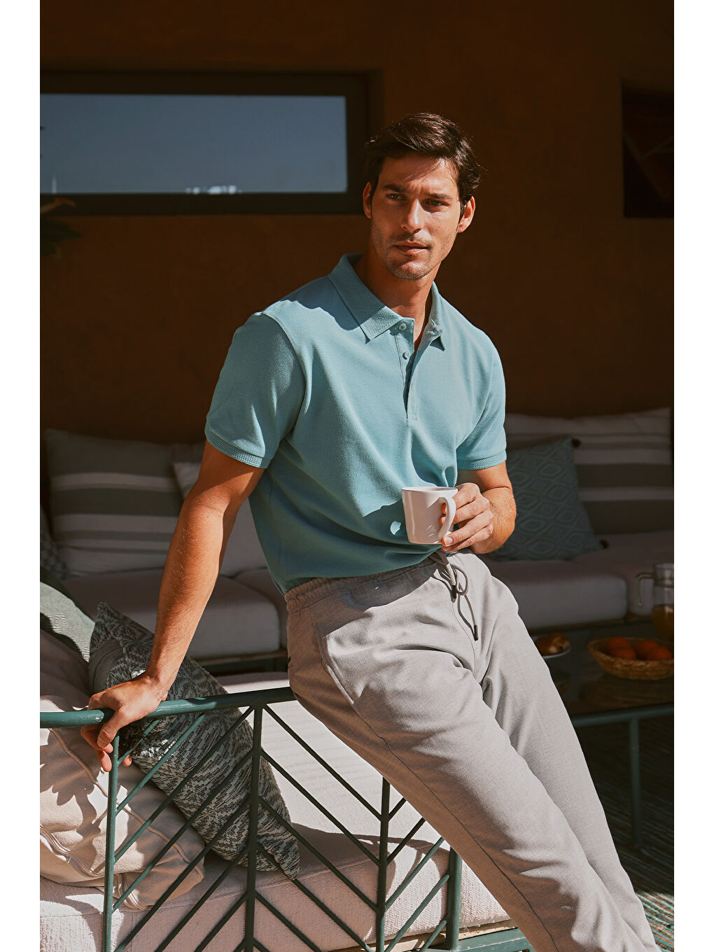 Erkek Petrol Slim Fit Dar Kesim Polo Yaka %100 Pamuk Kısa Kollu Tişört-10