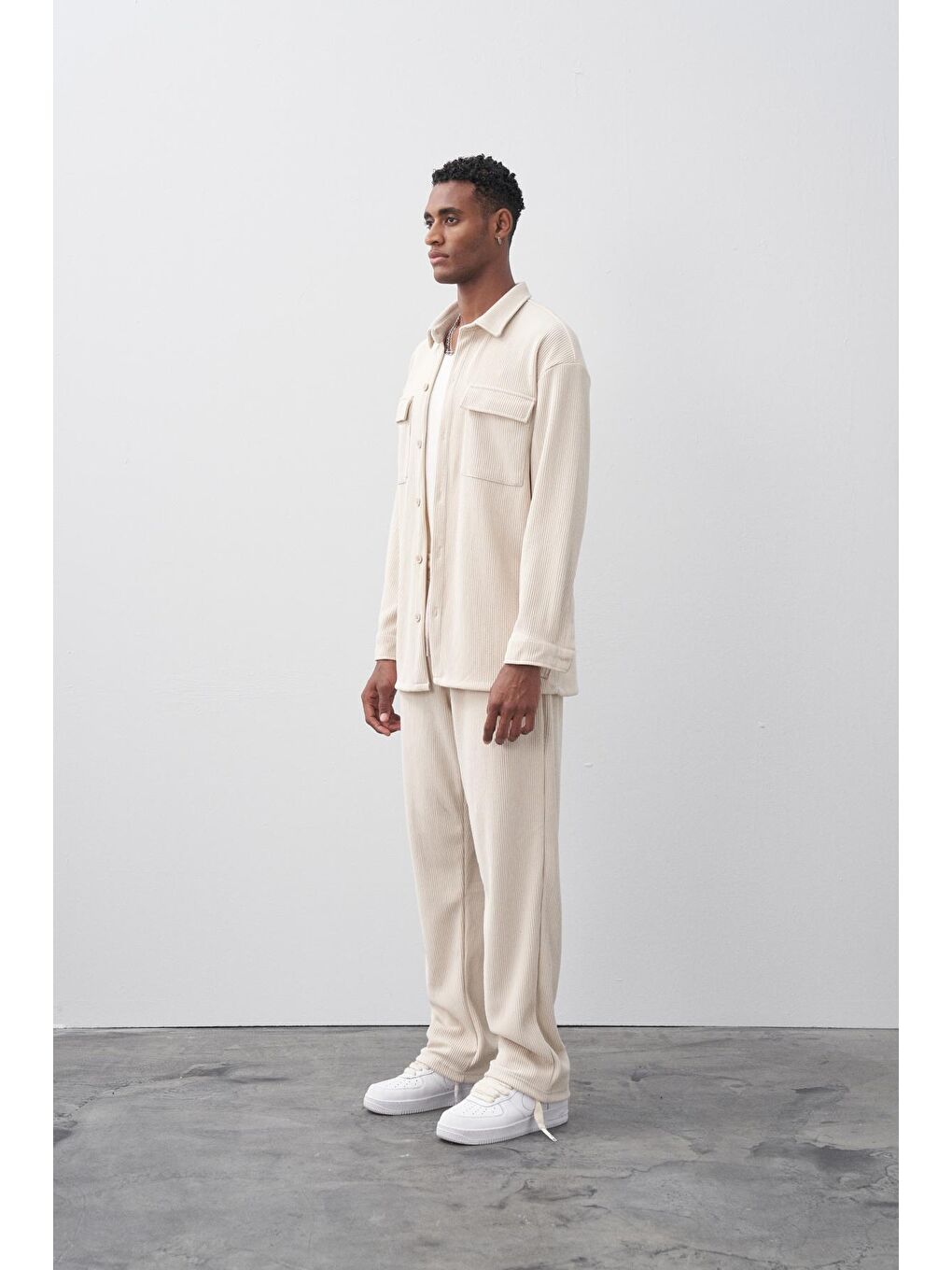 Bej Taş Cep Detaylı Oversize Ottoman Takım-1