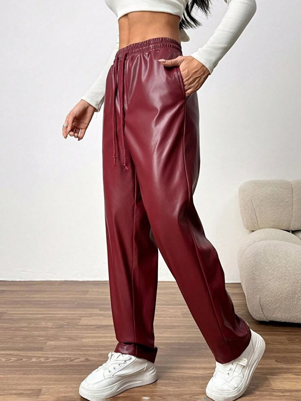 Bordo Kadın Yüksel Bel Bağcıklı Deri Pantolon-3