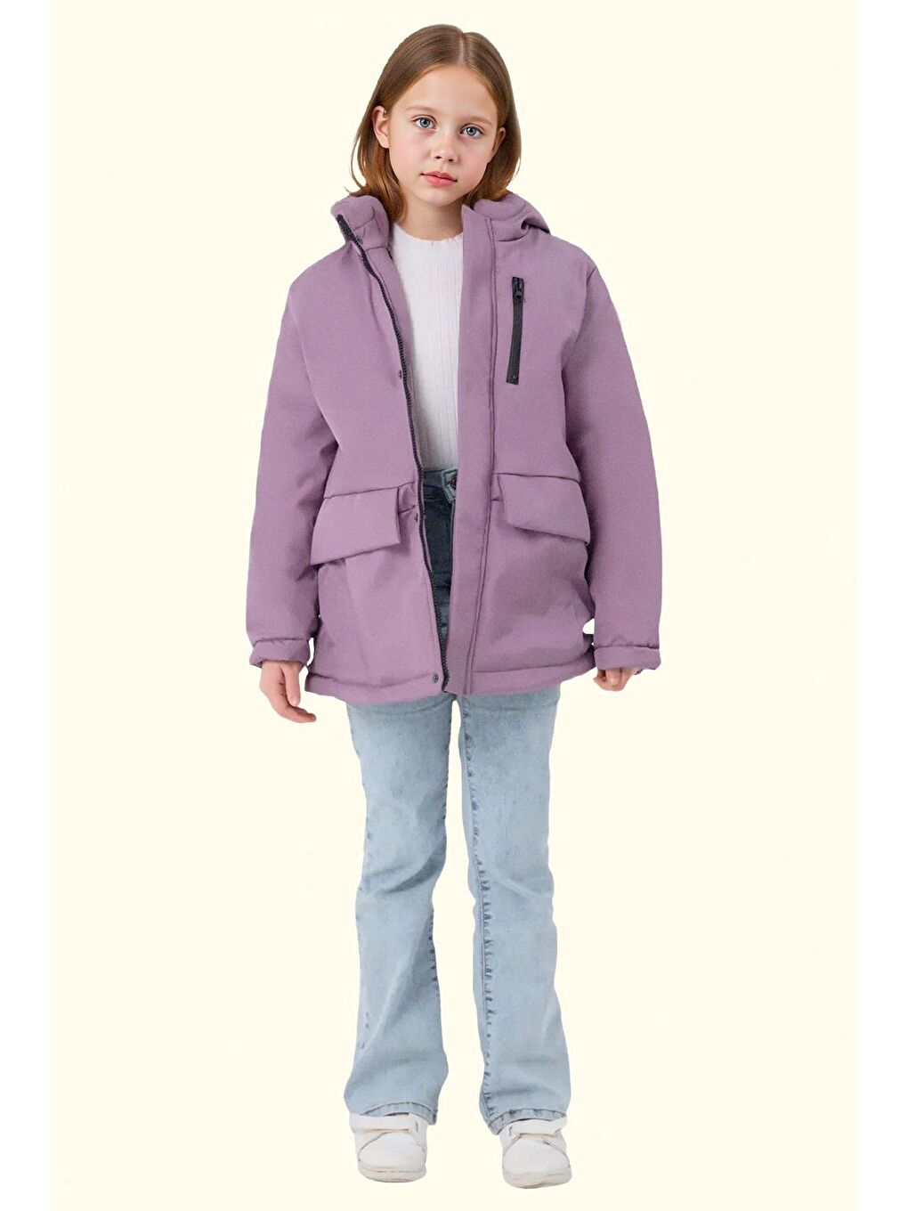 Lila Kız Çocuk Kürklü Su Ve Rüzgar Geçirmez Kapüşonlu 3 Kışlık Mont & Kaban & Parka