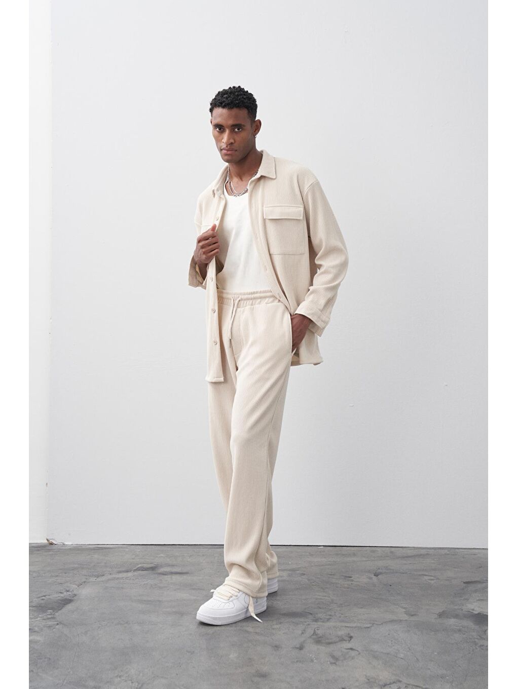 Bej Taş Cep Detaylı Oversize Ottoman Takım-2