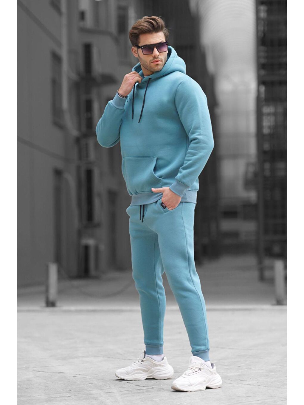 Yeşil Mavi Kapüşonlu Basic Eşofman Takımı 5905-1