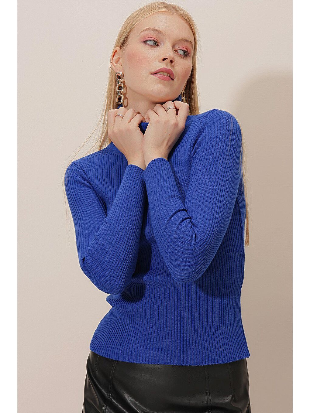 Mavi Balıkçı Yaka Uzun Kol Triko Kazak-3