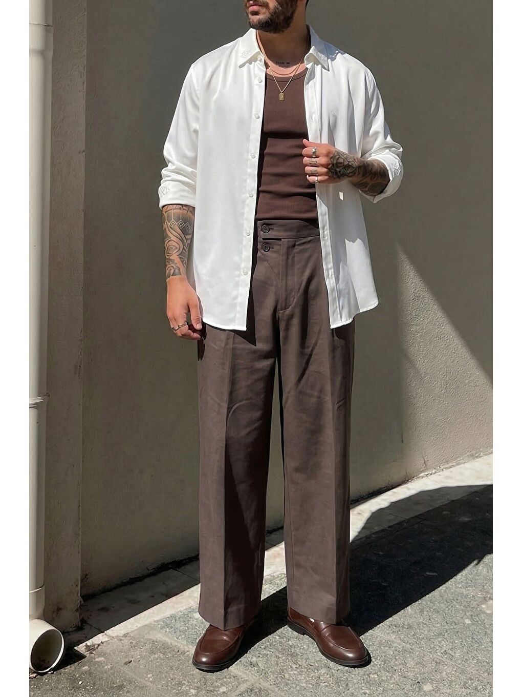 Erkek Baggy Fit Asimetrik Pileli Lyocell Pantolon Kahverengi-2