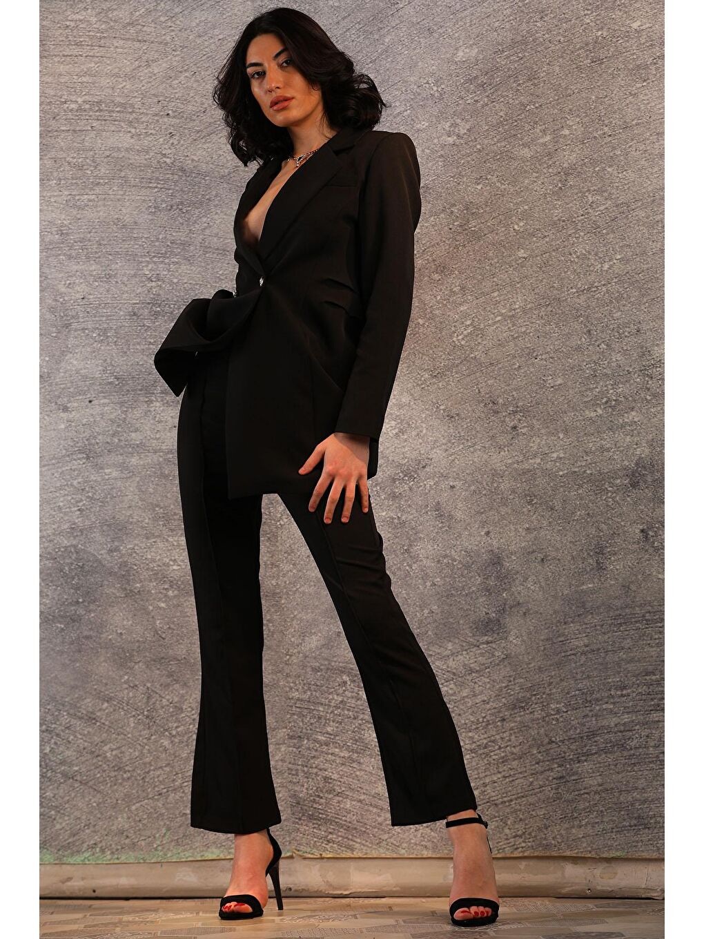 Siyah Kadın Fermuarlı Çimalı Pantolon-2