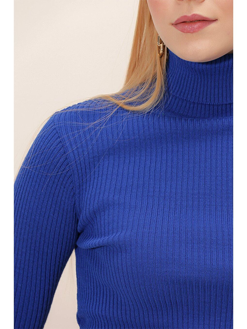 Mavi Balıkçı Yaka Uzun Kol Triko Kazak-4