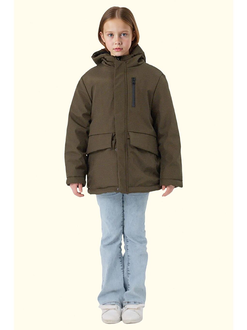 Haki Kız Çocuk Kürklü Su Ve Rüzgar Geçirmez Kapüşonlu 3 Kışlık Mont & Kaban & Parka