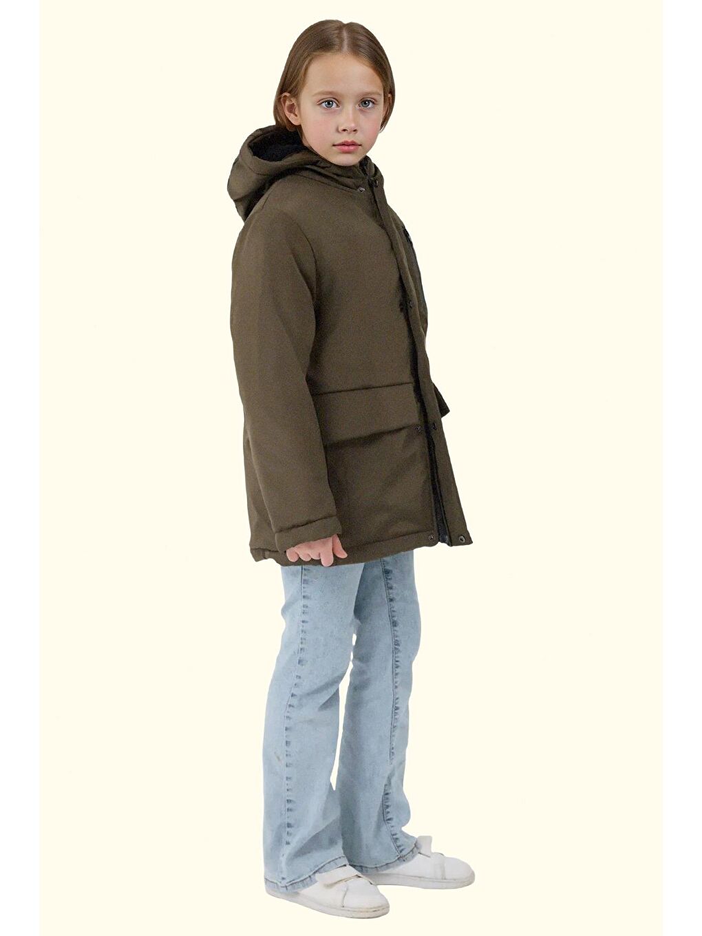 Haki Kız Çocuk Kürklü Su Ve Rüzgar Geçirmez Kapüşonlu 3 Kışlık Mont & Kaban & Parka-1