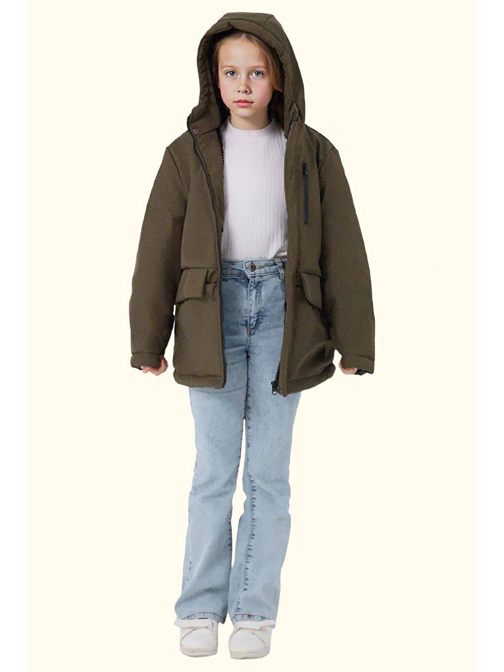 Haki Kız Çocuk Kürklü Su Ve Rüzgar Geçirmez Kapüşonlu 3 Kışlık Mont & Kaban & Parka-2
