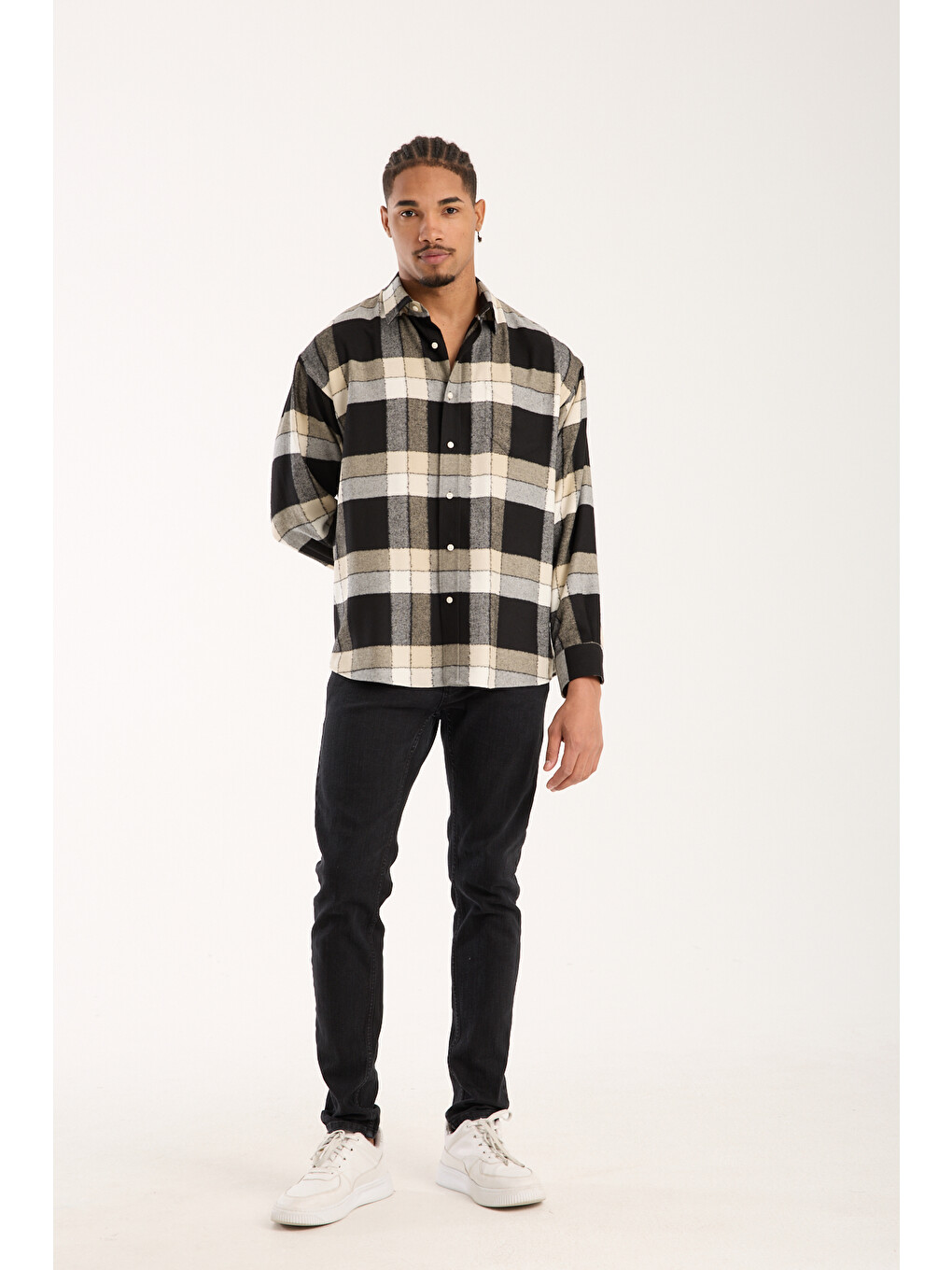 Rio Twill Viskon Karışımlı Oversize Fit Siyah Klasik Yaka Erkek Ekoseli Gömlek-2