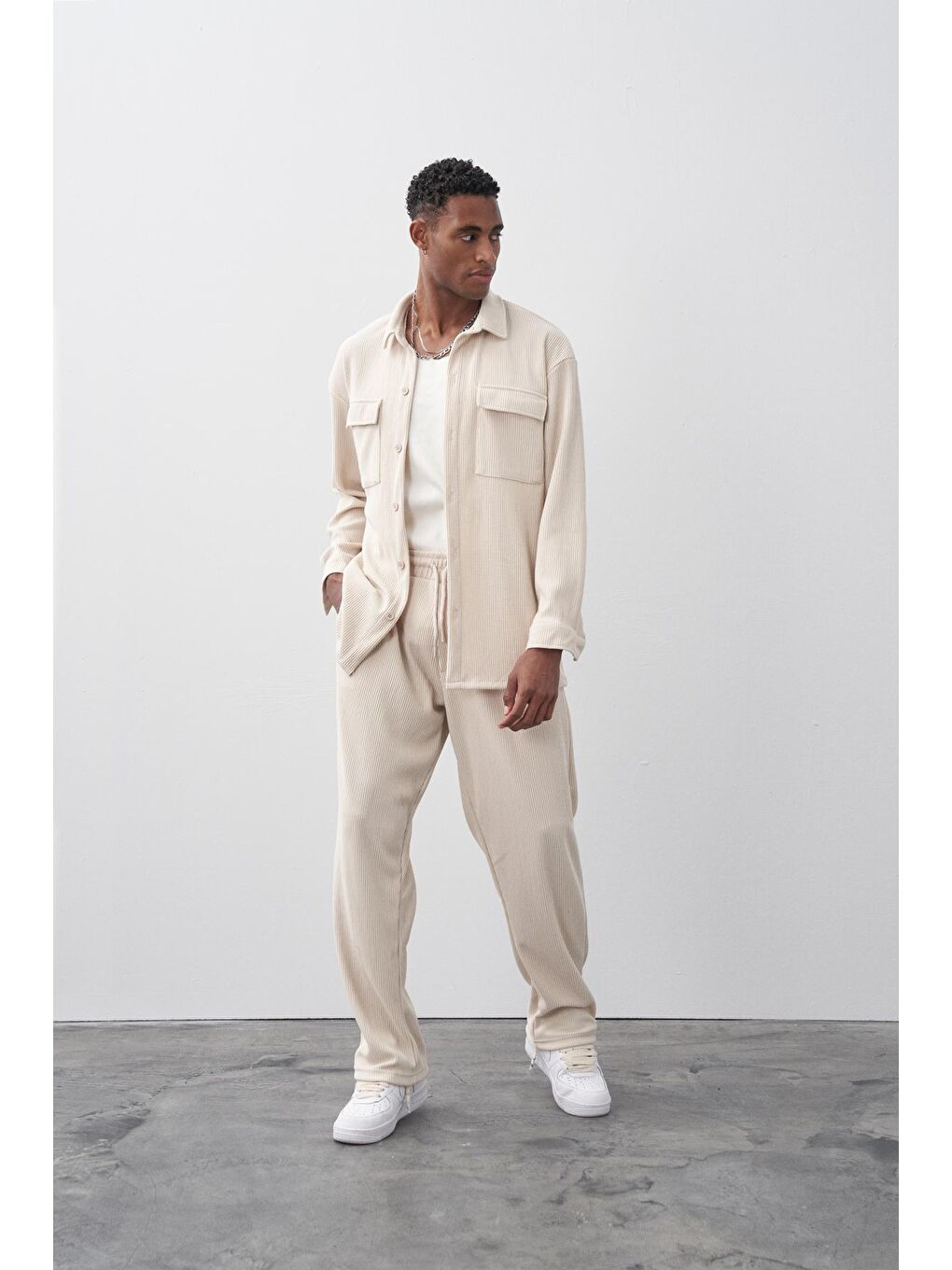 Bej Taş Cep Detaylı Oversize Ottoman Takım-4